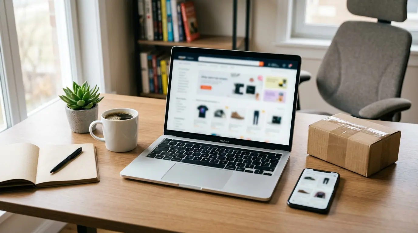 Bureau moderne avec un ordinateur portable montrant une boutique en ligne en cours de création, pour illustrer comment créer une boutique Shopify
