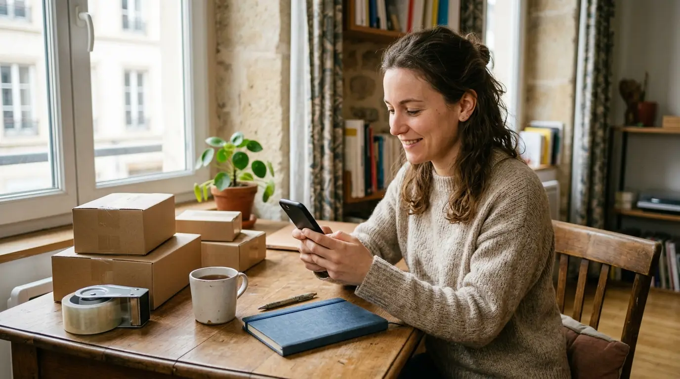 Entrepreneuse e-commerce lisant un email de bienvenue sur son smartphone à côté de colis prêts à expédier
