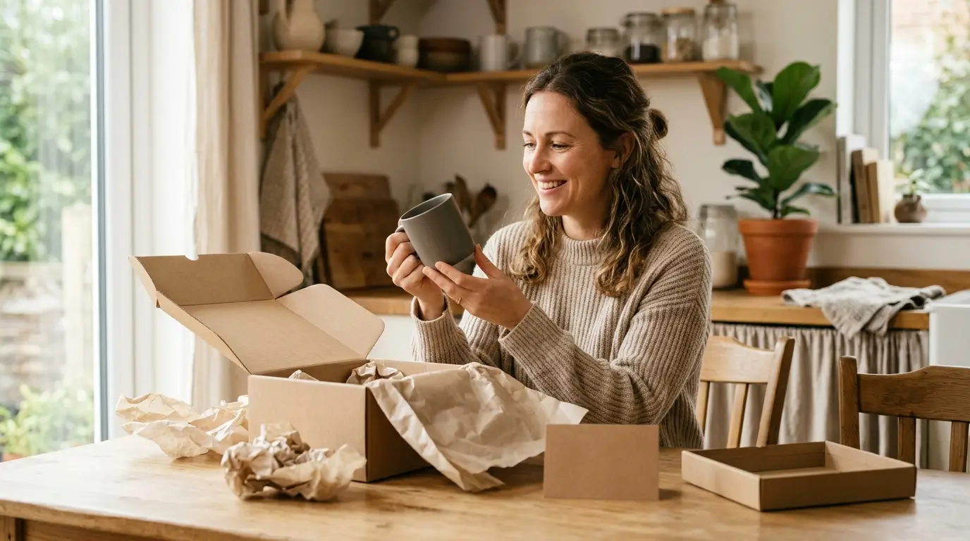 Cliente ouvrant son colis à la maison et découvrant son produit, le moment où se joue la séquence email post-achat