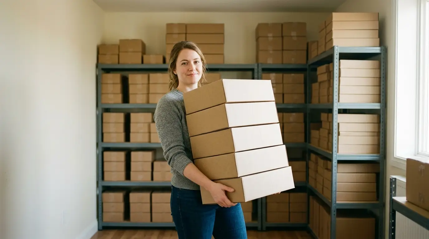 Vendeuse e-commerce portant une pile de colis dans son stock, illustration du scaling des campagnes Meta Ads