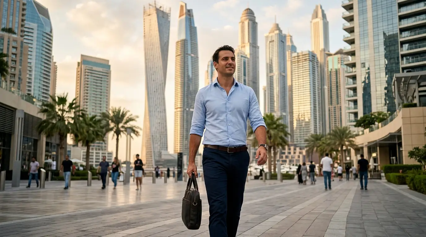 Entrepreneur marchant dans le quartier d'affaires de Dubai