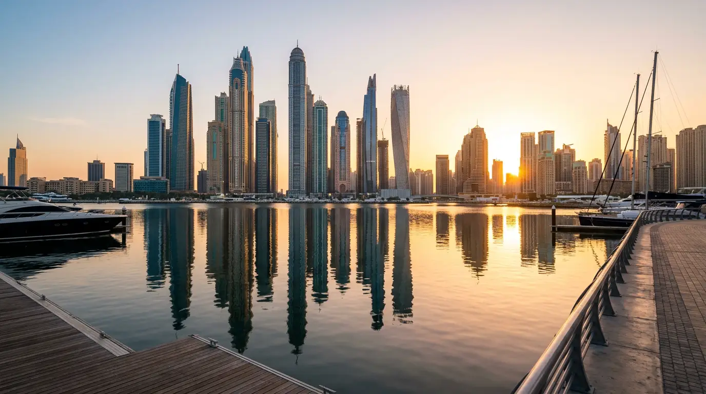 Vue de la skyline de Dubai au lever du soleil depuis la marina