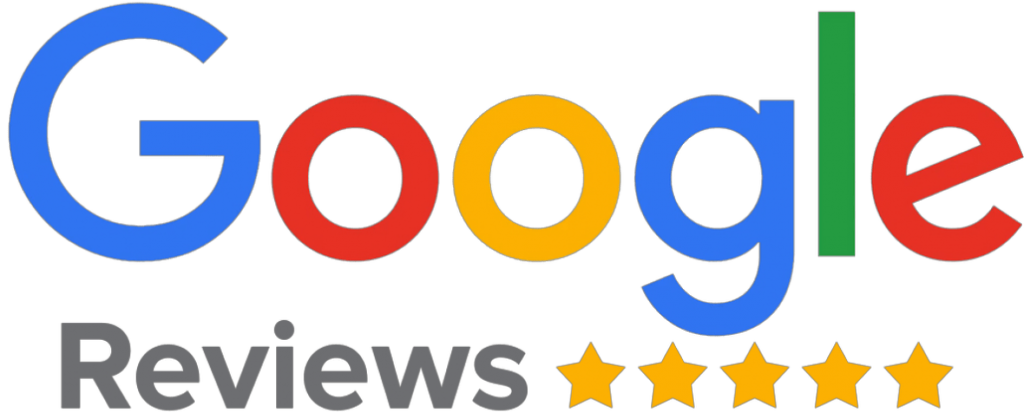 Google logo above the word Reviews with five gold stars indicating top rating.