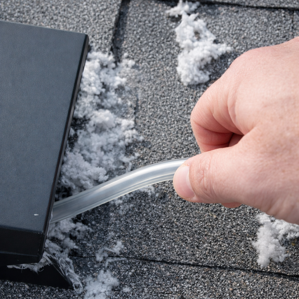 Hand pulling a clear, flexible tube from a black rooftop dryer vent surrounded by debris.