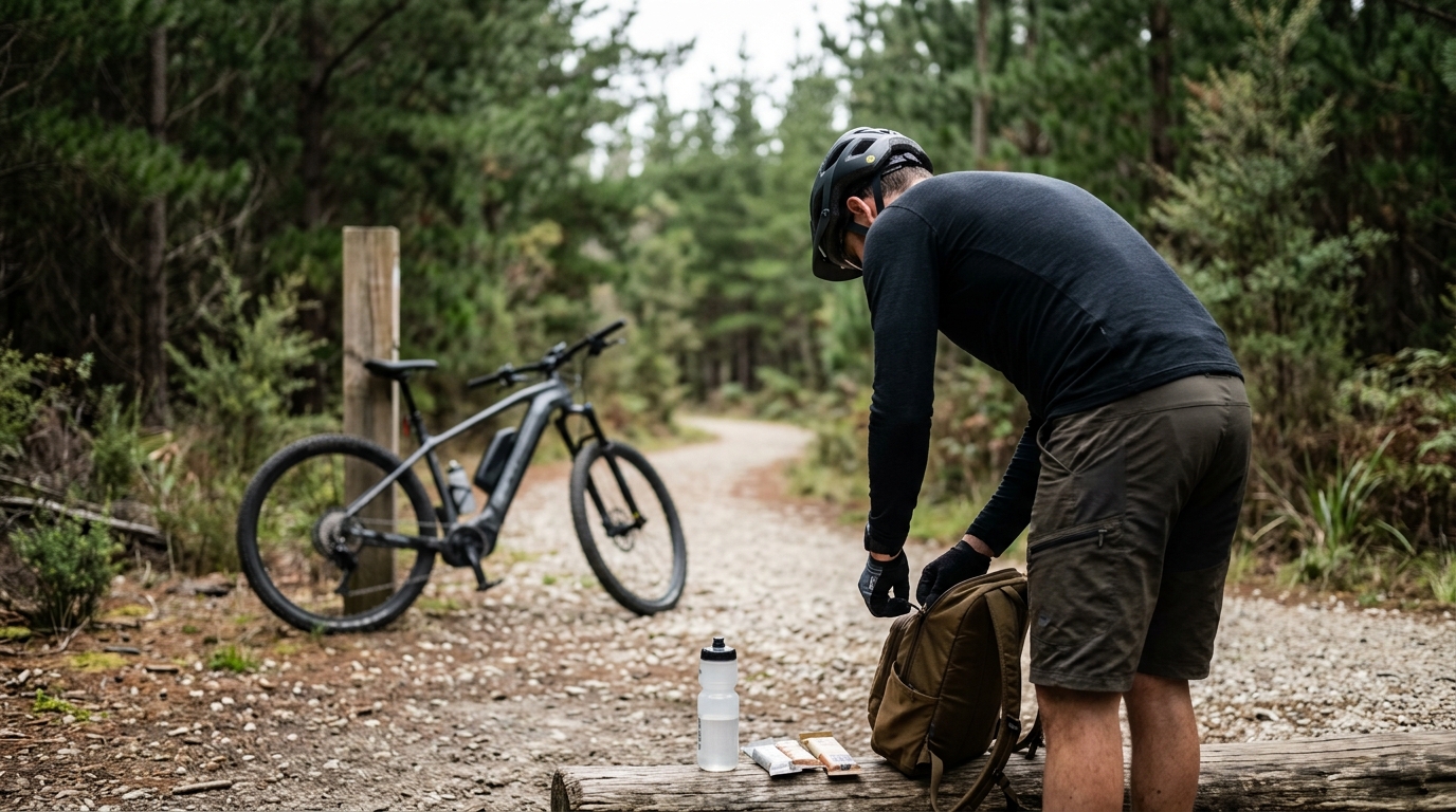 Cyclist riding an e-bike on a scenic carriage road in Acadia National Park surrounded by trees and open sky