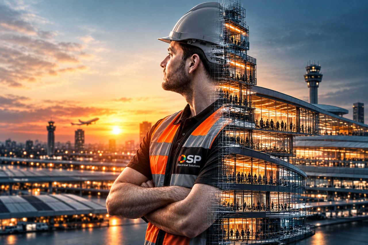 A construction worker in a hard hat and orange safety vest with the DSP Electrical Solutions logo stands with arms crossed, looking at a sunset cityscape with an airplane taking off, while the right half of his body merges into a digitally rendered multi-story office building filled with silhouetted people and lit with warm lights.