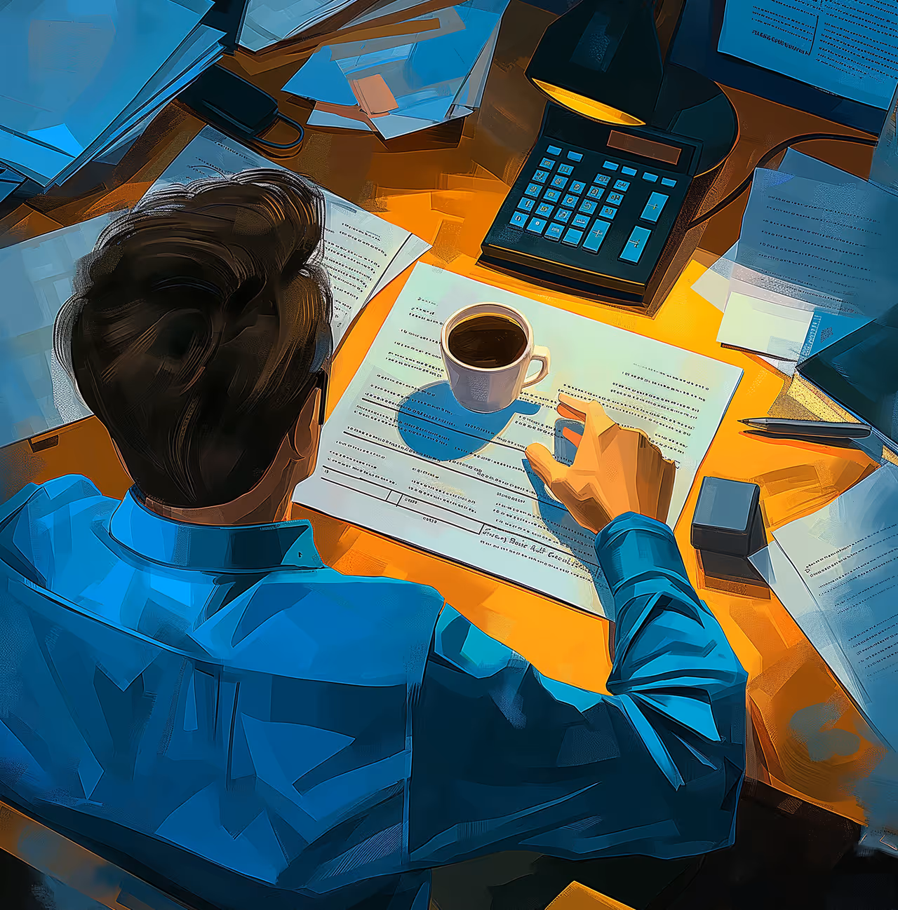Person in a blue shirt working at a cluttered desk with tax documents, a calculator, and a cup of coffee.