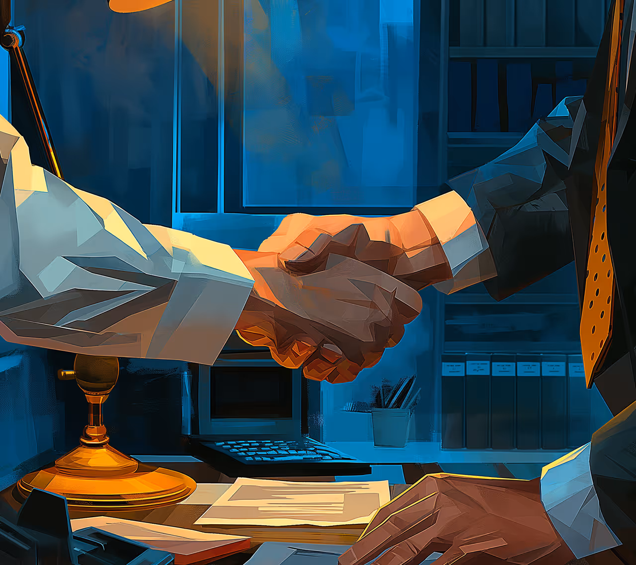 Two business professionals shaking hands over a desk with documents and a laptop in an office setting.