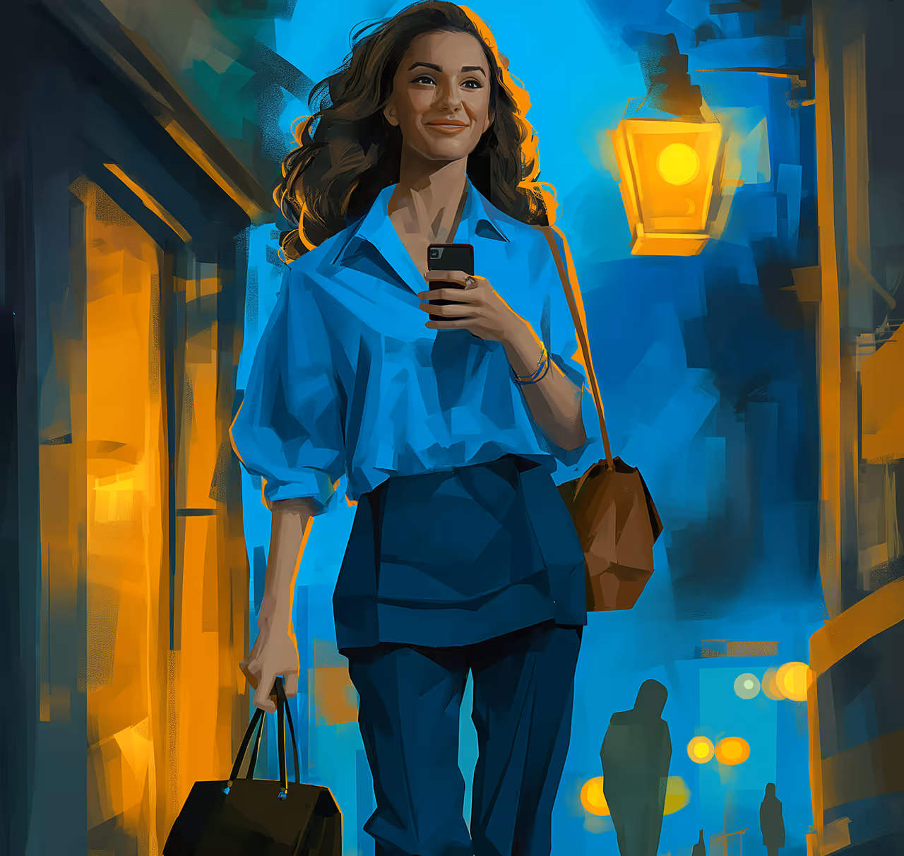 Digital illustration of a smiling woman walking at night holding a phone and a shopping bag against a city street background with glowing street lamps.
