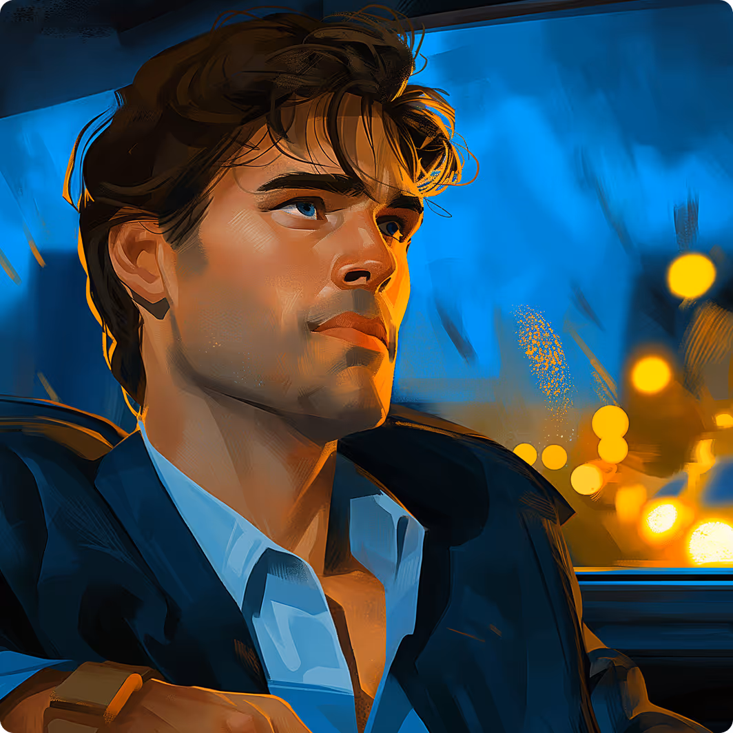 Stylized portrait of a young man with brown hair and blue eyes, wearing a dark jacket and white shirt, sitting against a blurred night city background with glowing lights.