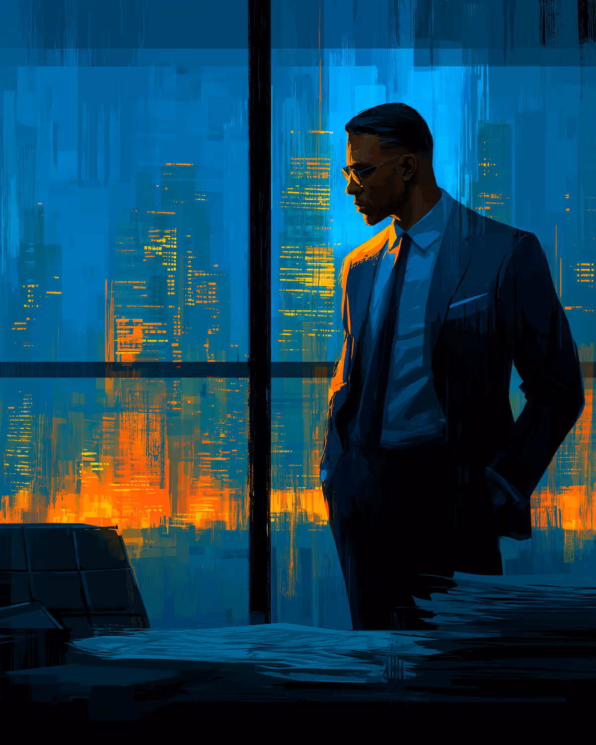 Stylized illustration of a man in a suit standing in a dimly lit office with a city skyline glowing orange and blue outside the window.