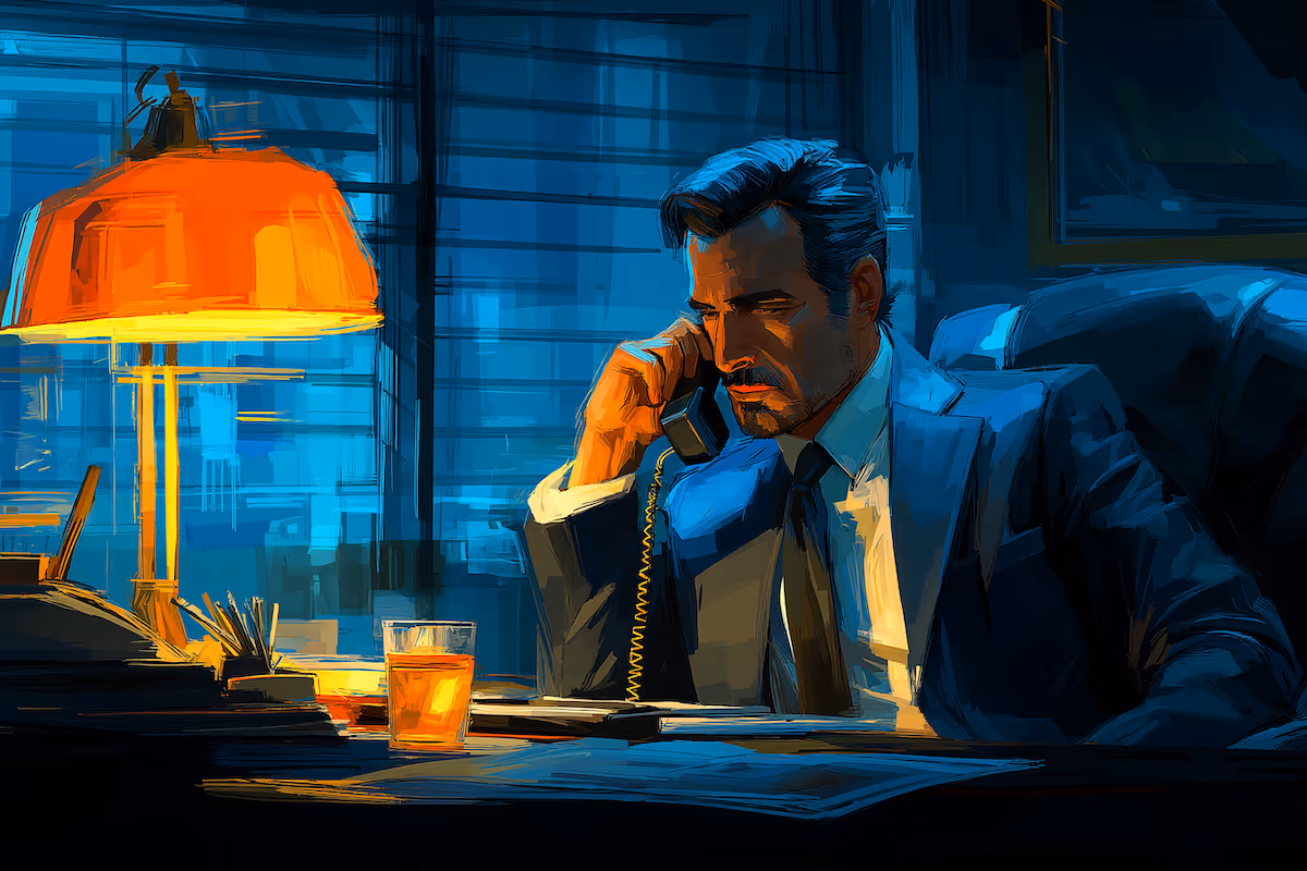 Businessman in a dark suit sitting at a desk, speaking on a corded phone illuminated by a warm orange desk lamp.