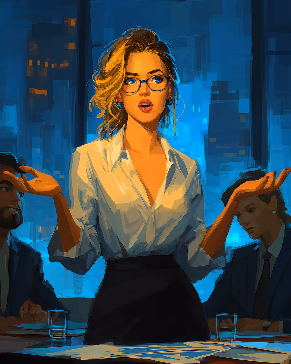 Professional woman with glasses in a white blouse and black skirt speaking expressively at a business meeting with two colleagues.