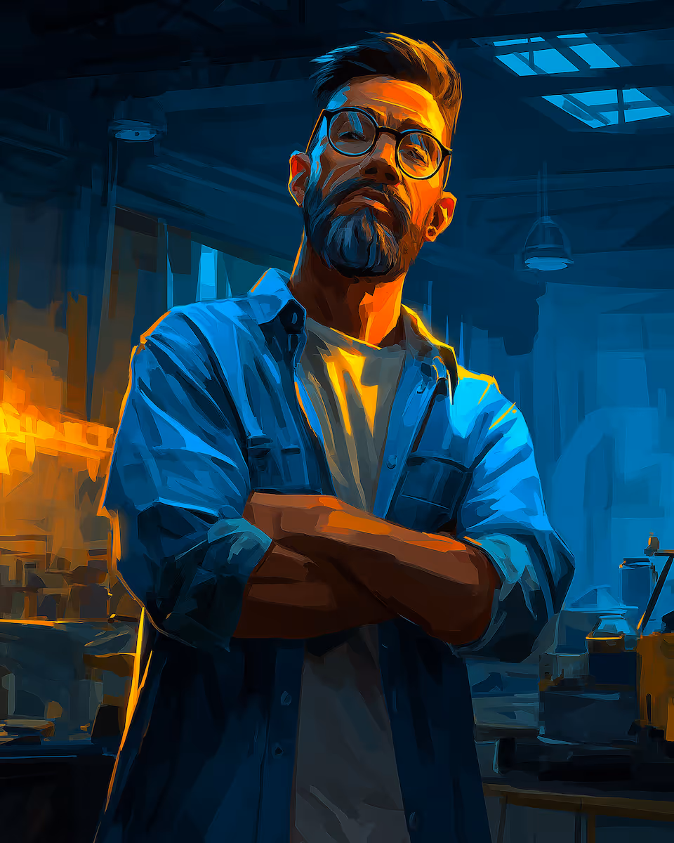 Illustration of a confident man with glasses and beard, arms crossed, standing in a workshop lit with blue and orange lighting.