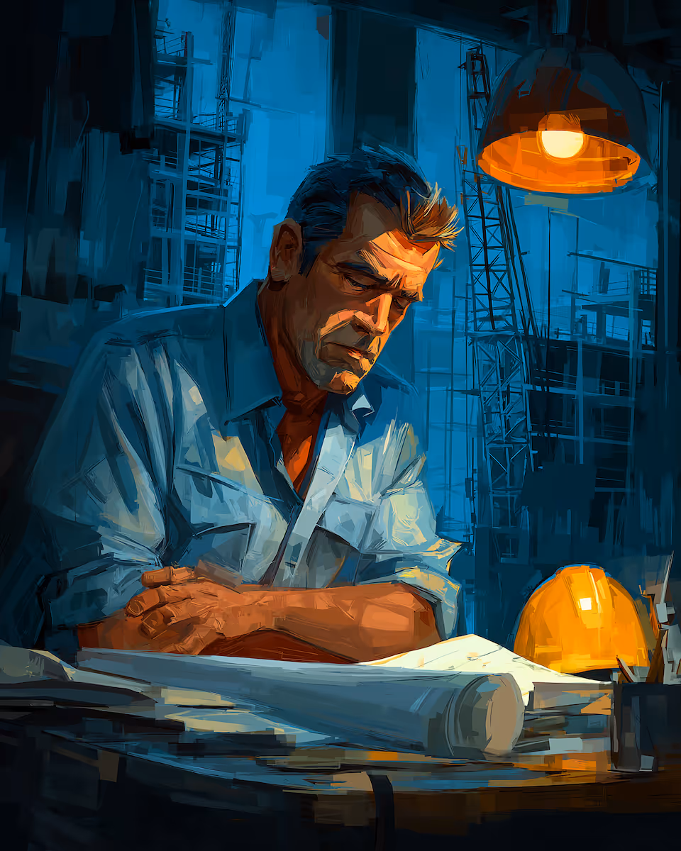 Illustration of a man in a light blue shirt intensely reviewing rolled-up blueprints at a desk in a construction site setting with a yellow hard hat and industrial lighting.
