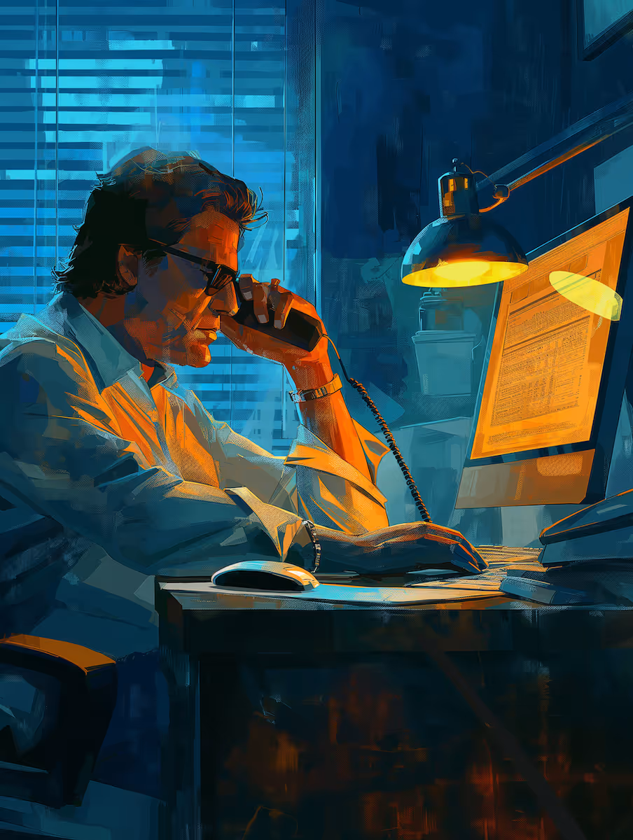 Man with sunglasses sitting at a desk, talking on a corded phone while working on a computer in a dimly lit room with blue and orange lighting.