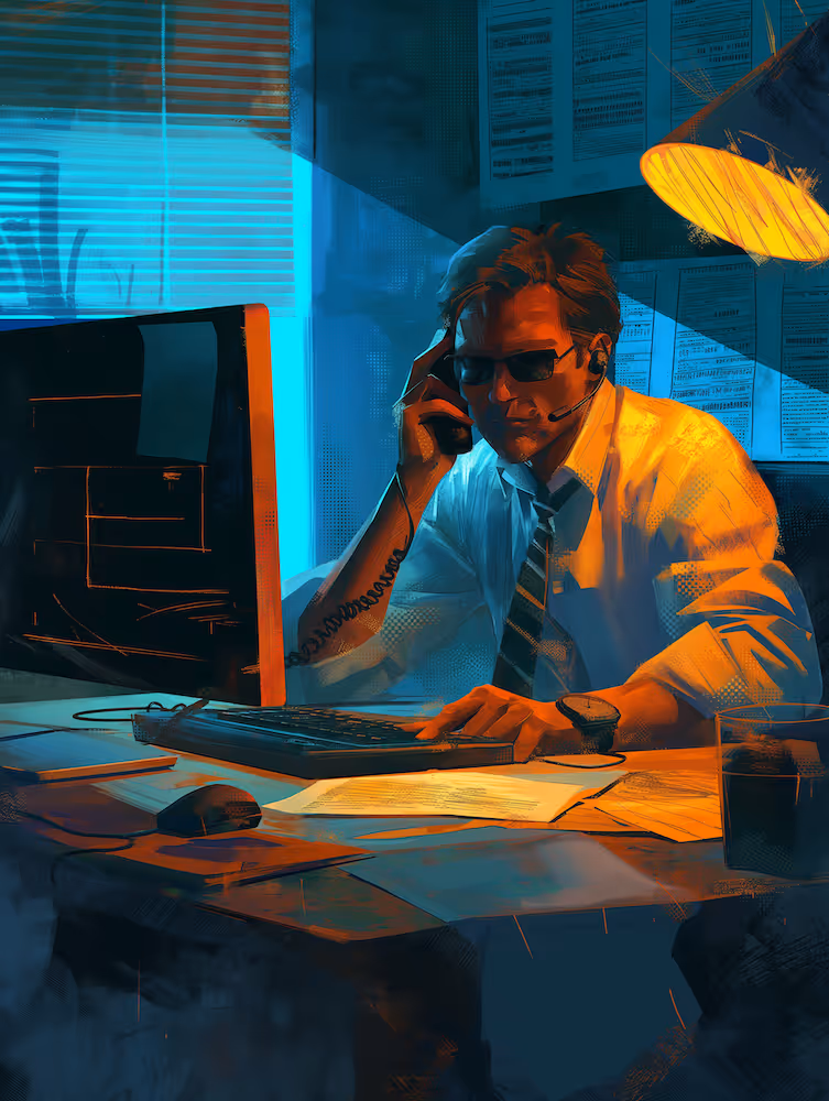Man in sunglasses and headset working late at computer in dimly lit office with papers and lamp.