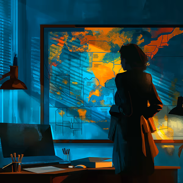 Silhouetted woman studying an illuminated, colorful map of the United States in a dimly lit office at night.
