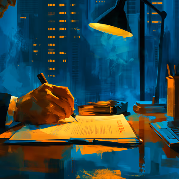 Person signing a document under a desk lamp in an office with a city skyline at night.