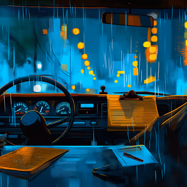 View from inside a car at night showing the dashboard, steering wheel, a clipboard, rain falling outside, and blurred city lights.