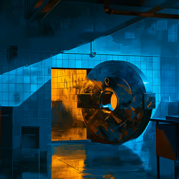 Large open circular vault door in a dimly lit room with blue walls and an orange-lit hallway beyond.