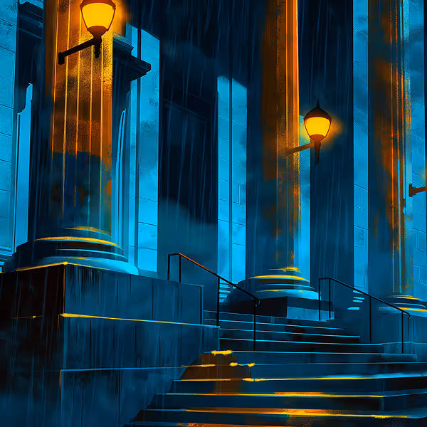 Stone steps and large columns illuminated by warm yellow wall lamps on a rainy night.