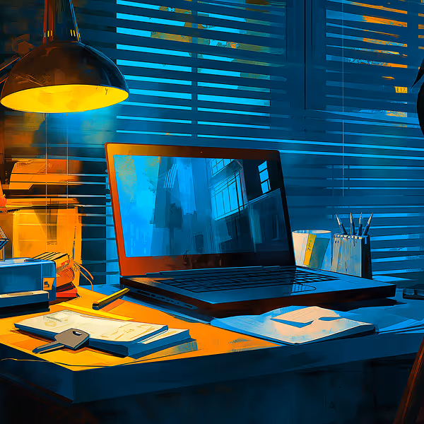 A laptop on a desk with notebooks, a key, pencils in a holder, and a glowing desk lamp, all set against window blinds at dusk.