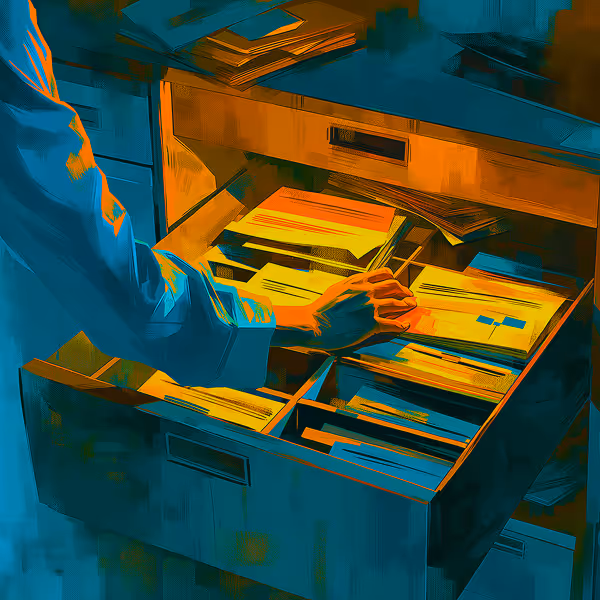 Person organizing documents in an open filing cabinet drawer filled with folders and papers.
