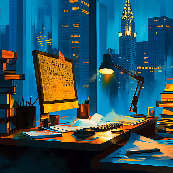 Nighttime office desk with a computer displaying financial data, scattered papers, books, and a desk lamp with a city skyline in the background.