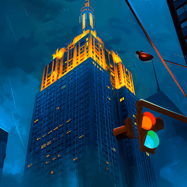 Night view of an illuminated skyscraper with orange lights near the top and a traffic light showing green and red lights in the foreground.