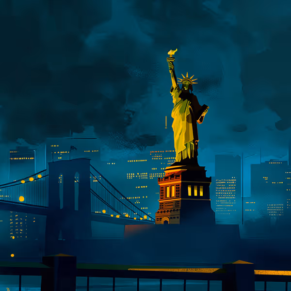 Illustration of the Statue of Liberty at night with the Brooklyn Bridge and city skyline in the background.