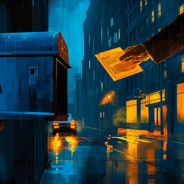 Rainy urban street at night with illuminated buildings, a car with headlights on, and a hand holding a glowing document.