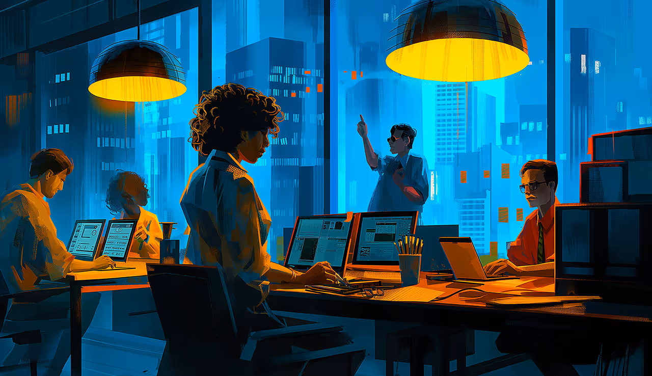 Diverse team working on laptops around a table in a modern office at night with cityscape visible through large windows.