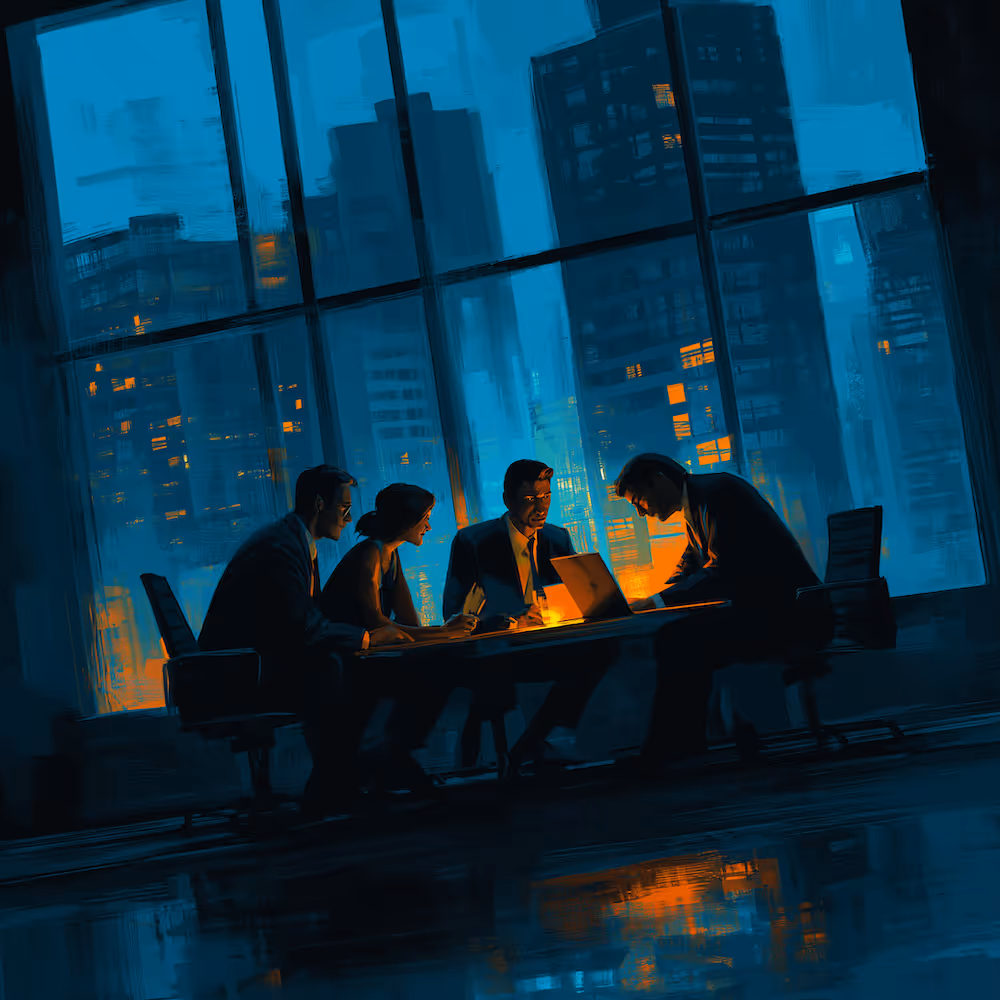 Four businesspeople in a nighttime office meeting around a glowing laptop with a city skyline visible through large windows.