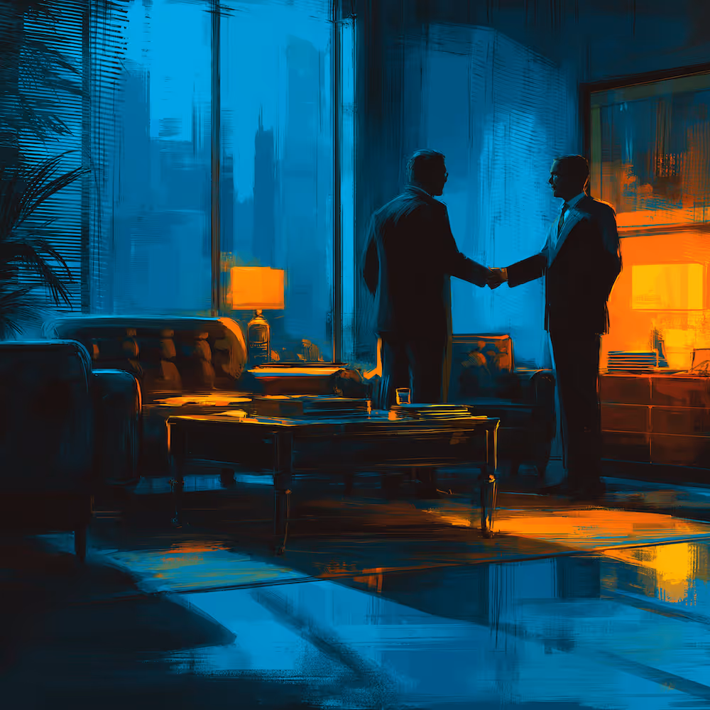 Two men in suits shaking hands in a modern office with warm lamps and cityscape window at dusk.
