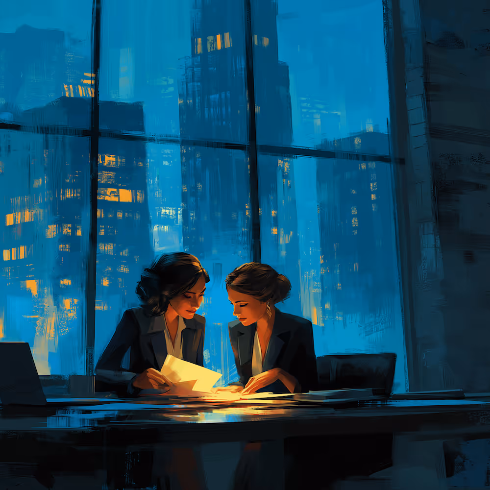 Two women in business suits reviewing documents together in a modern office with large windows showing a city skyline at night.