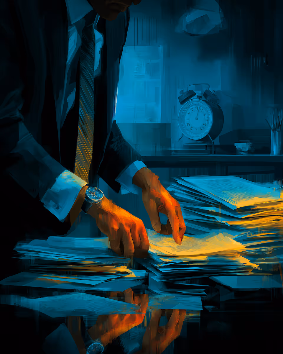 Man in suit sorting stacks of papers on desk under dim blue lighting with an alarm clock in the background.