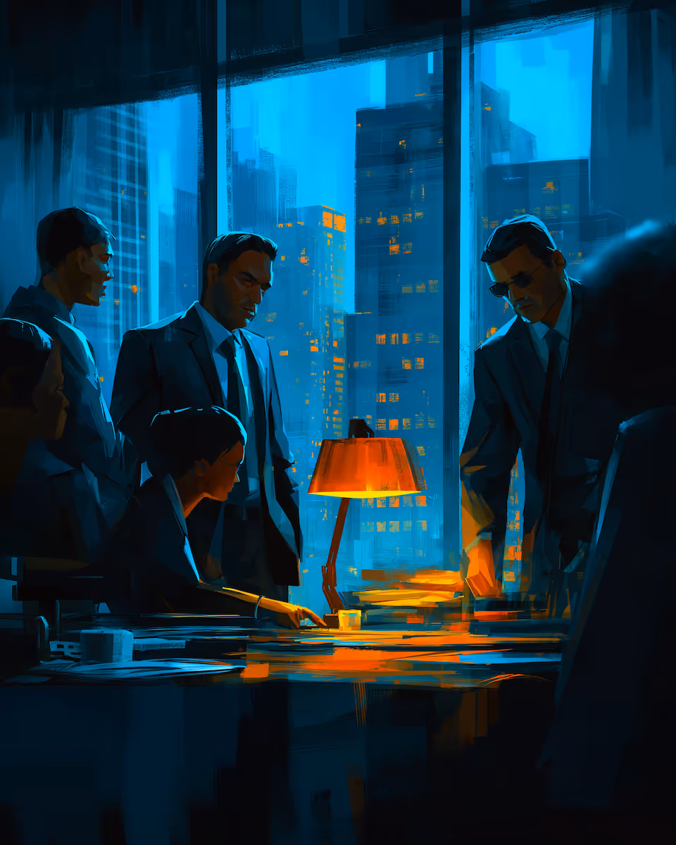 Business team gathered around a table with documents under warm lamp light in a city office at night.