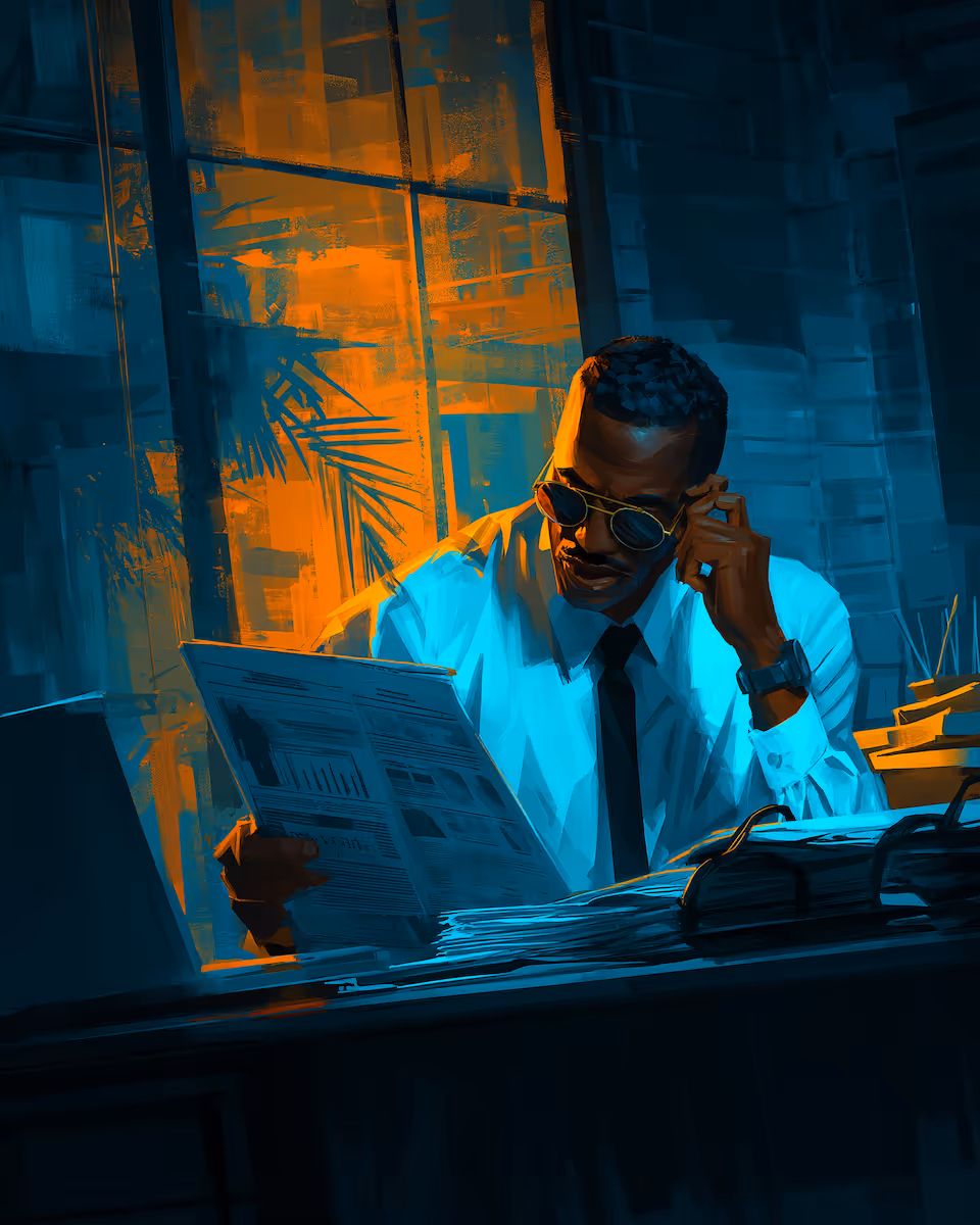 Man in sunglasses, white shirt, and black tie reads paper at desk lit by warm and cool light.