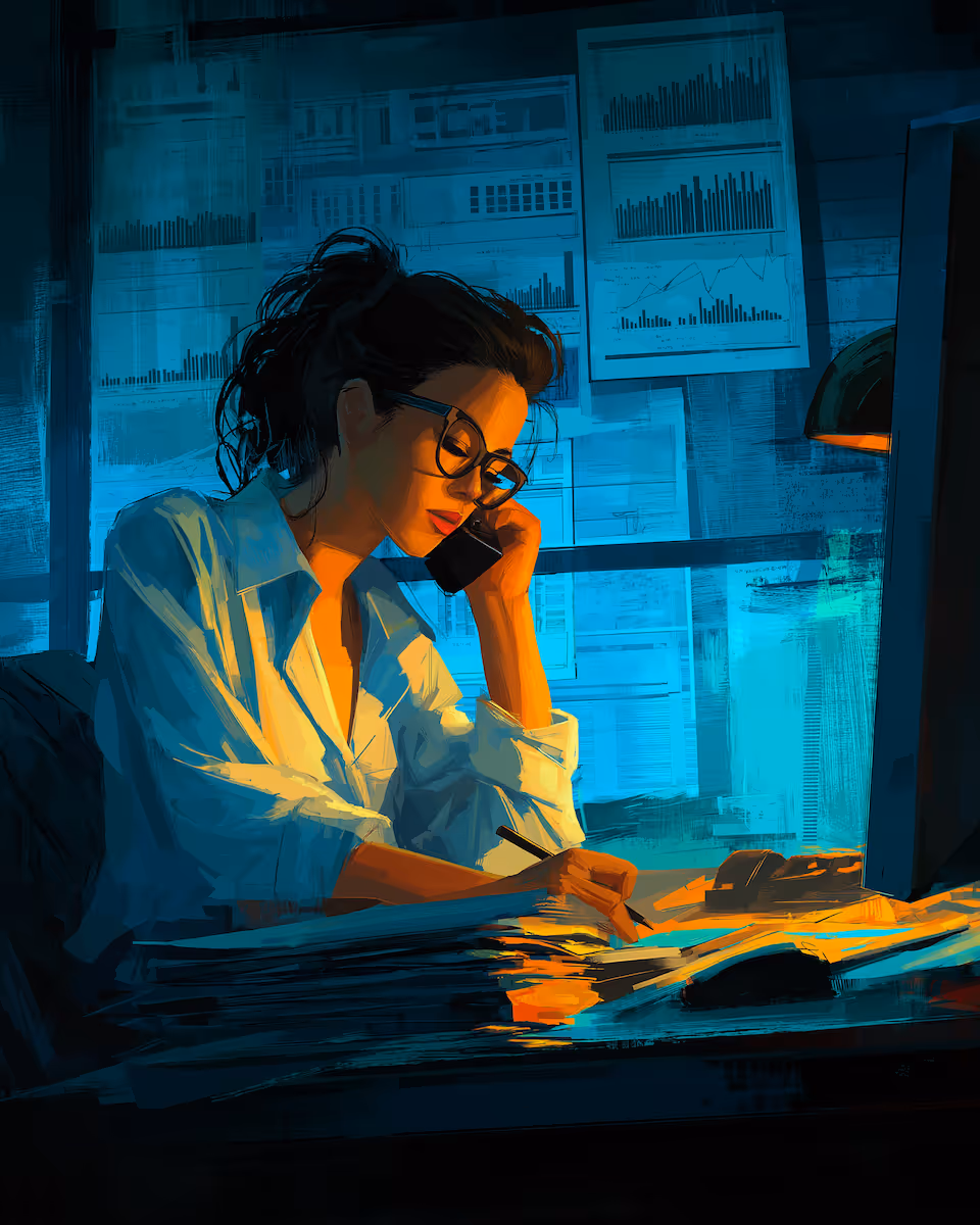 Woman in glasses working late, writing on papers while talking on the phone in blue-lit office.