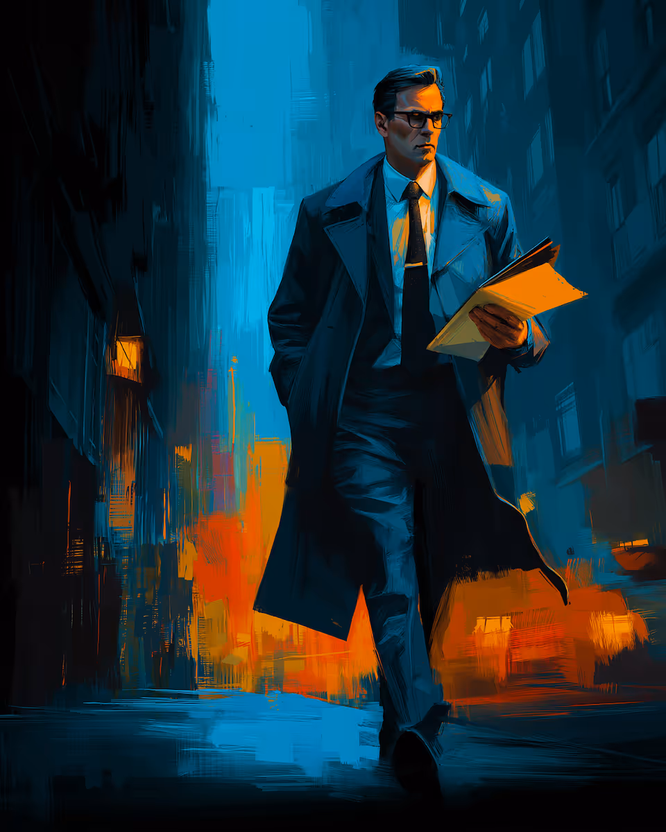 Man in a trench coat and glasses walking in a city at night holding documents.