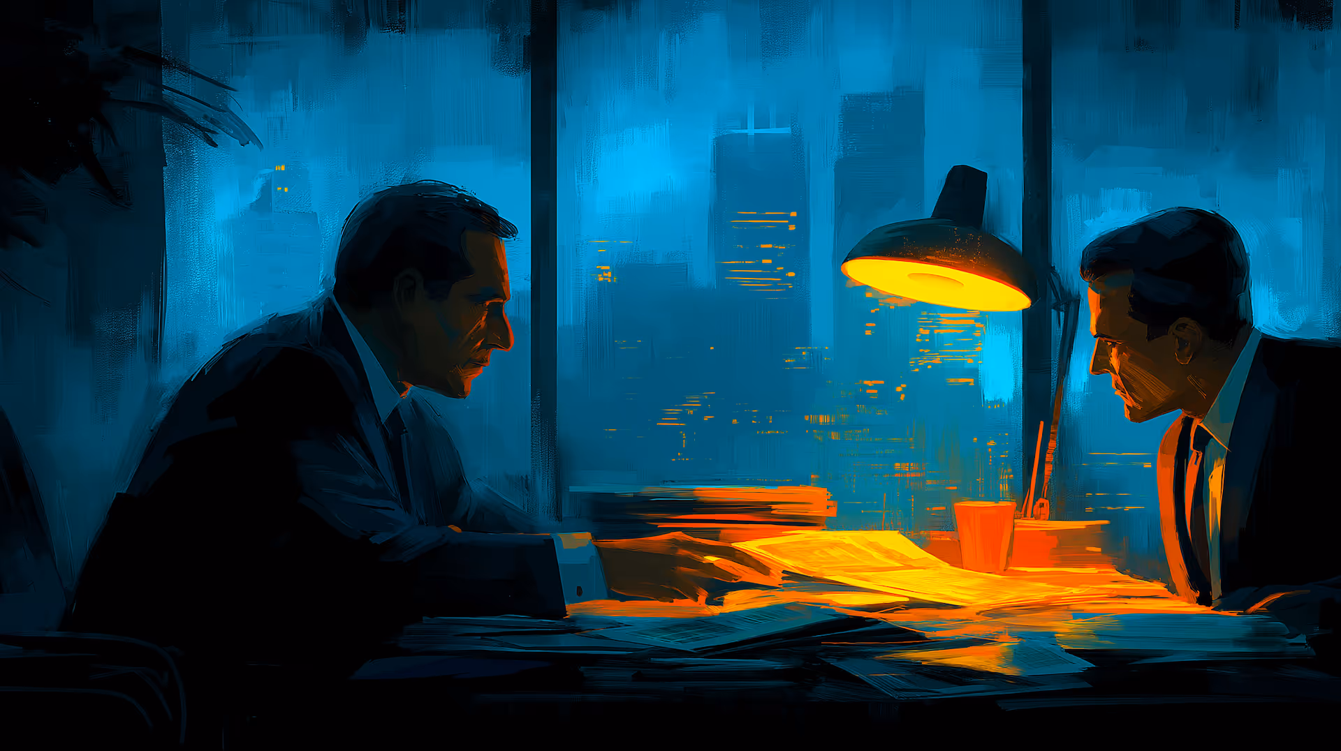 Two men in suits discuss documents under warm lamp light in a dark office with cityscape in background.