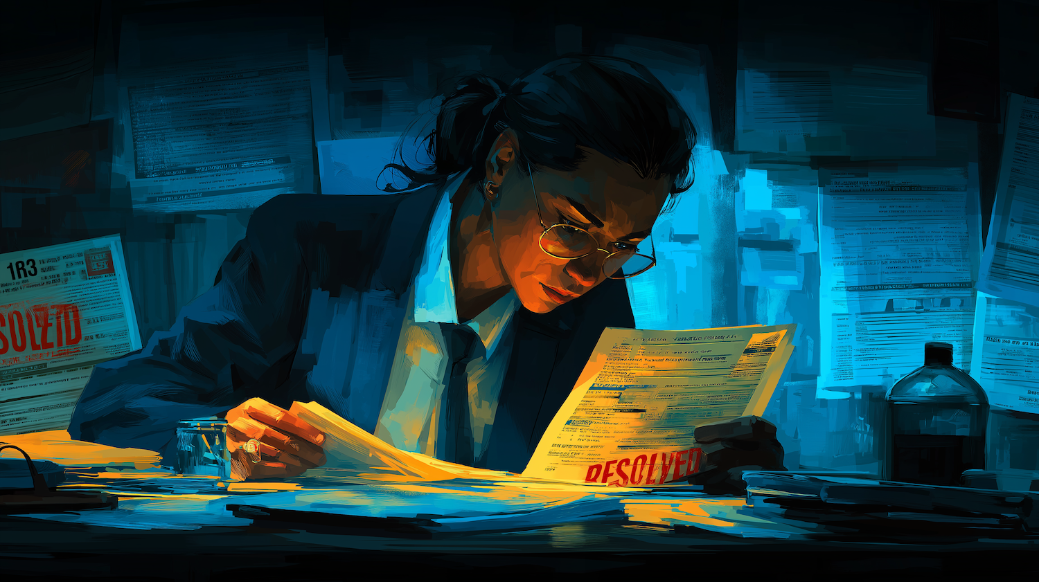 Person with glasses studying documents at a desk, one paper stamped with red 'RESOLVED' text.