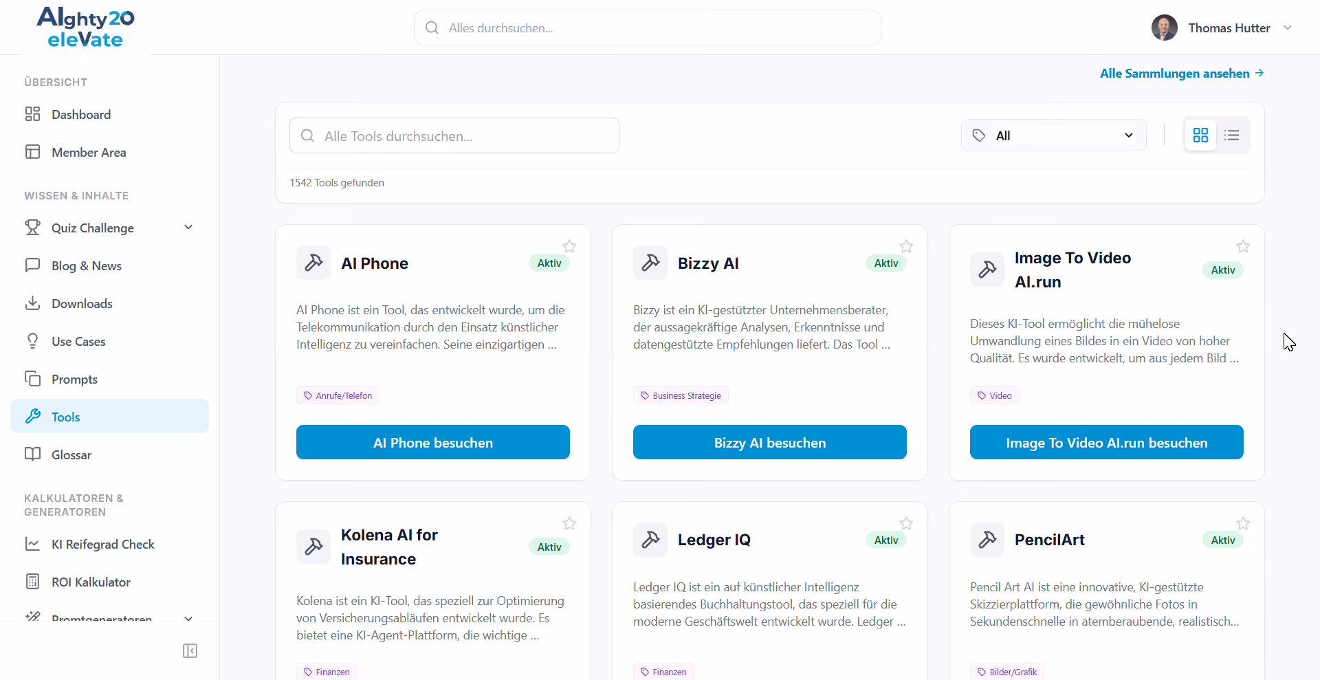Webseite mit KI-Tools Übersicht auf Deutsch, zeigt verschiedene aktive KI-Anwendungen wie AI Phone, Bizzy AI und Image To Video AI.run mit kurzem Beschreibungstext.