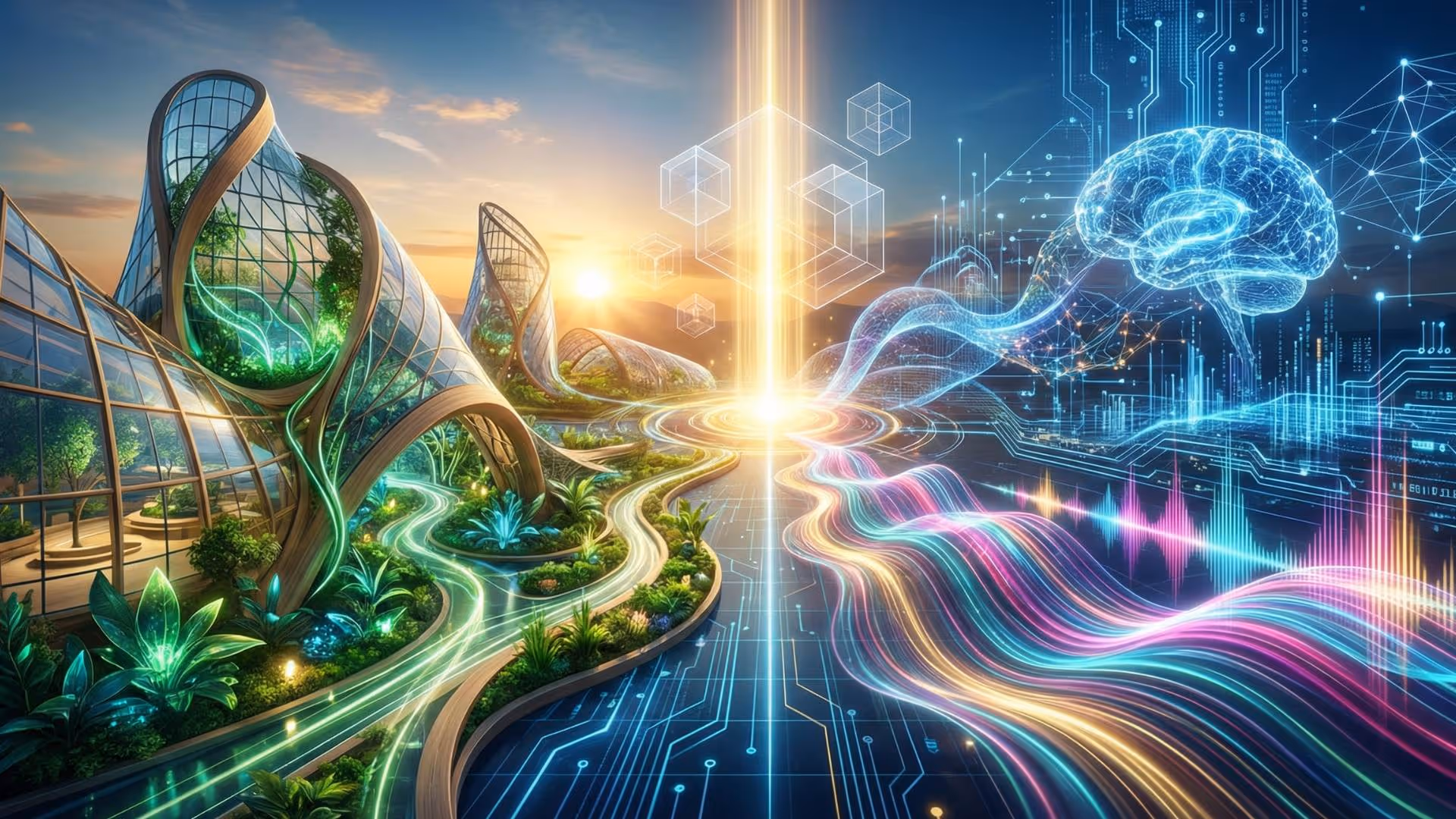 Futuristische grüne Gebäude neben einem leuchtenden Datenstrom, der zu einem digitalen Gehirn und vernetzten Mustern führt.