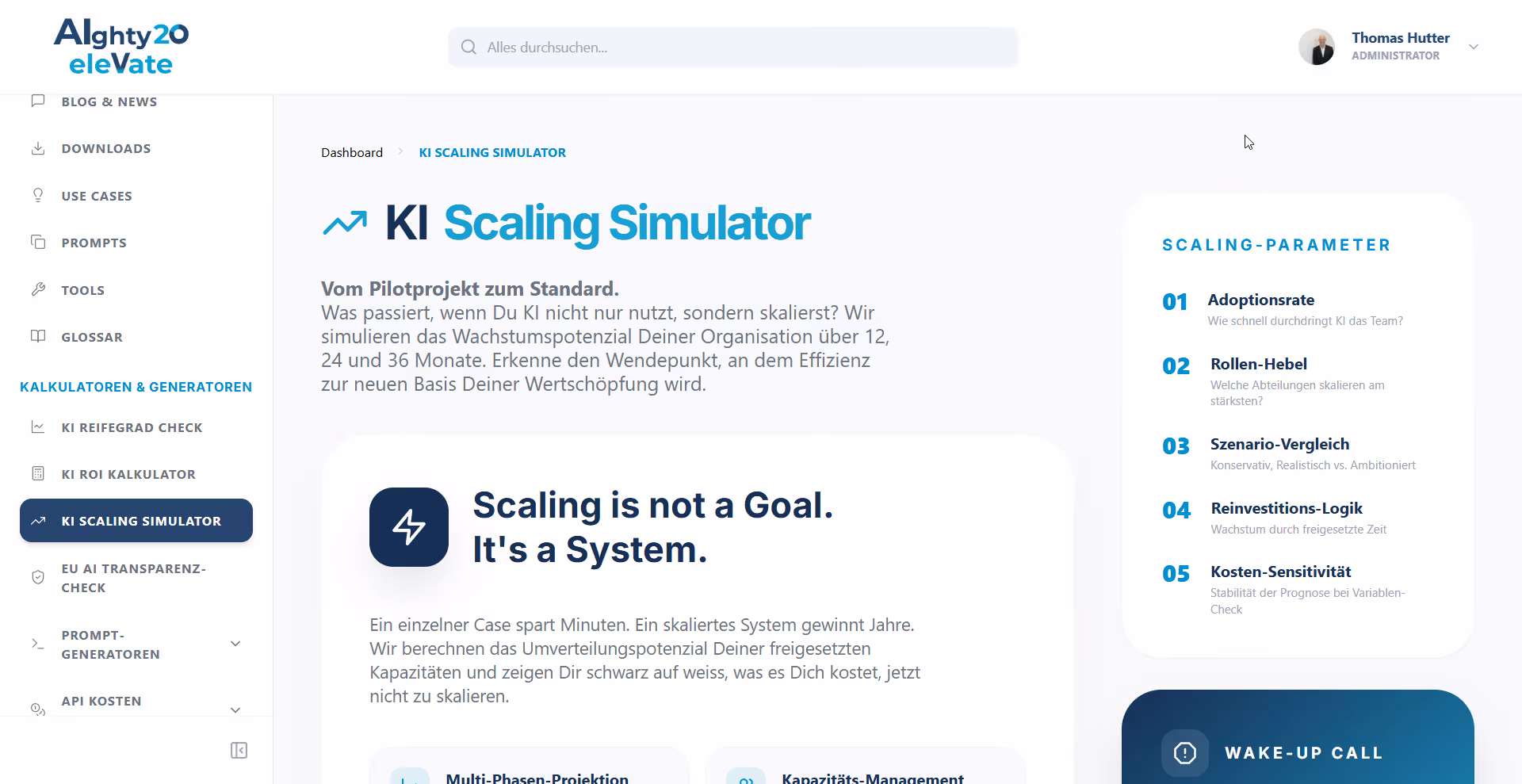 AIghty20 Elevate Member Hub - KI Scaling Simulator