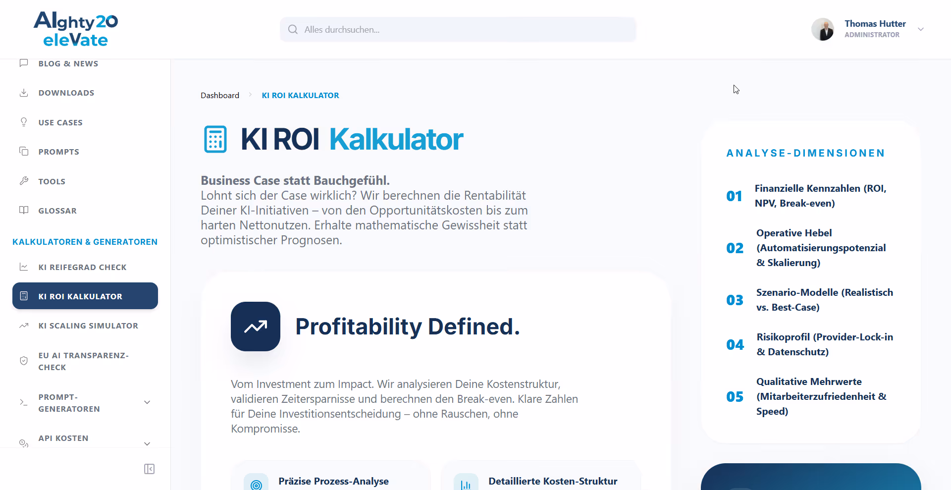 AIghty20 Elevate Member Hub - KI ROI Kalkulator