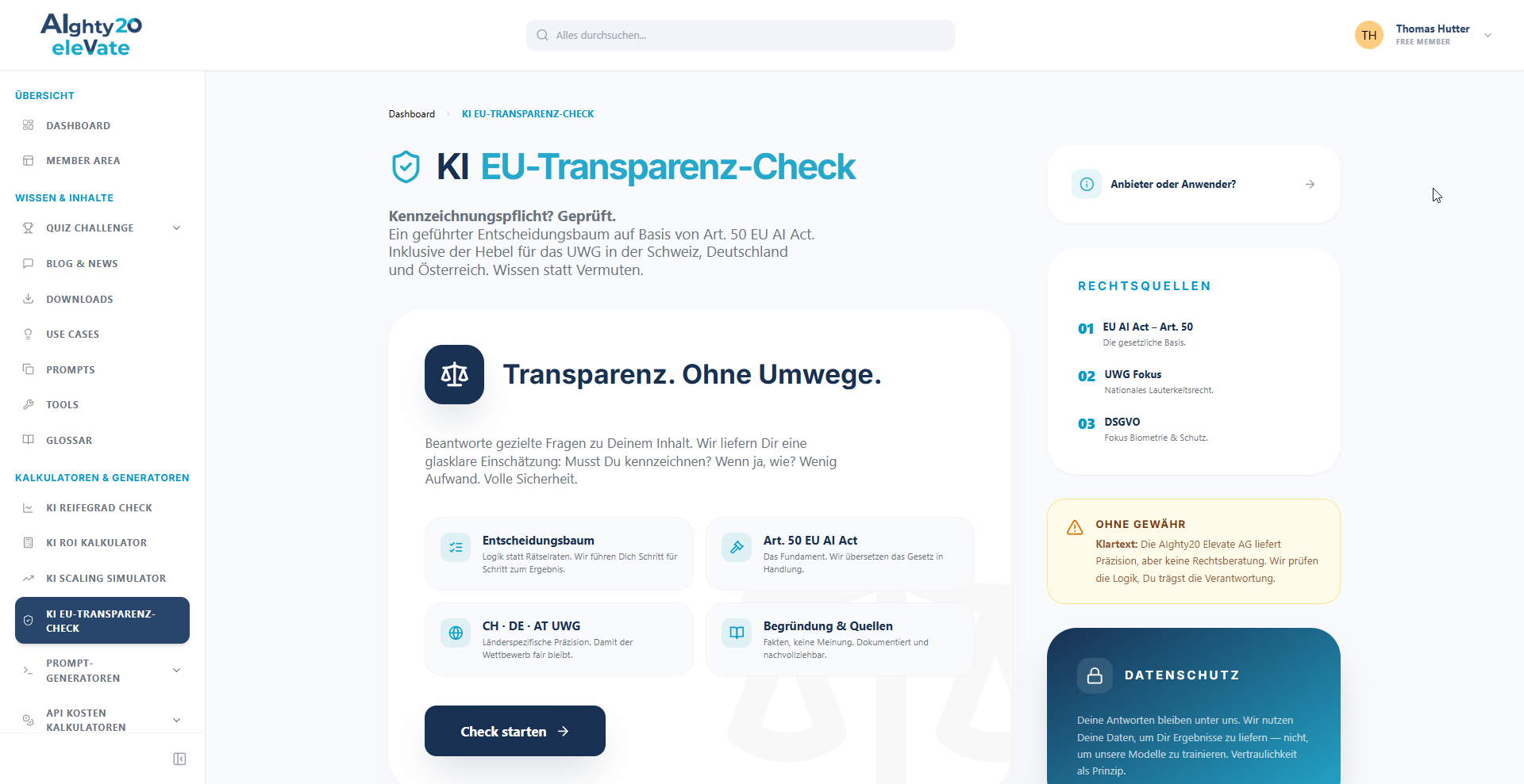 Screenshot des AIghty20 KI EU-Transparenz-Checks im Member Hub