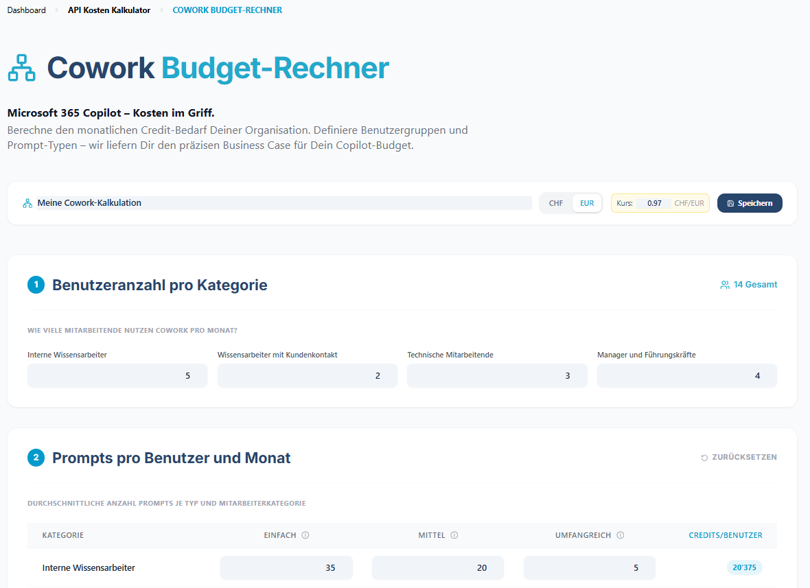 Screenshot des AIghty20 Copilot Cowork Credits-Kalkulators im Member Hub