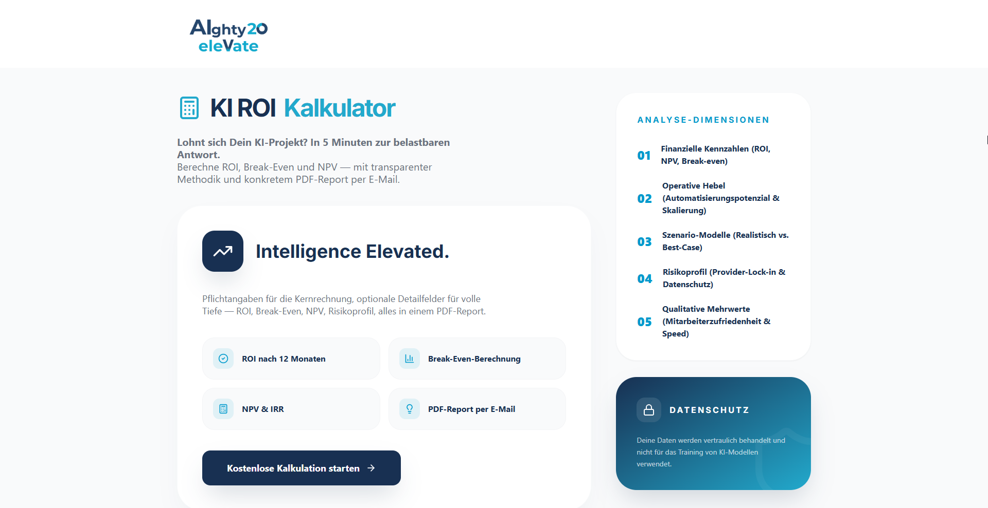 Screenshot des AIghty20 KI ROI-Kalkulators im Member Hub